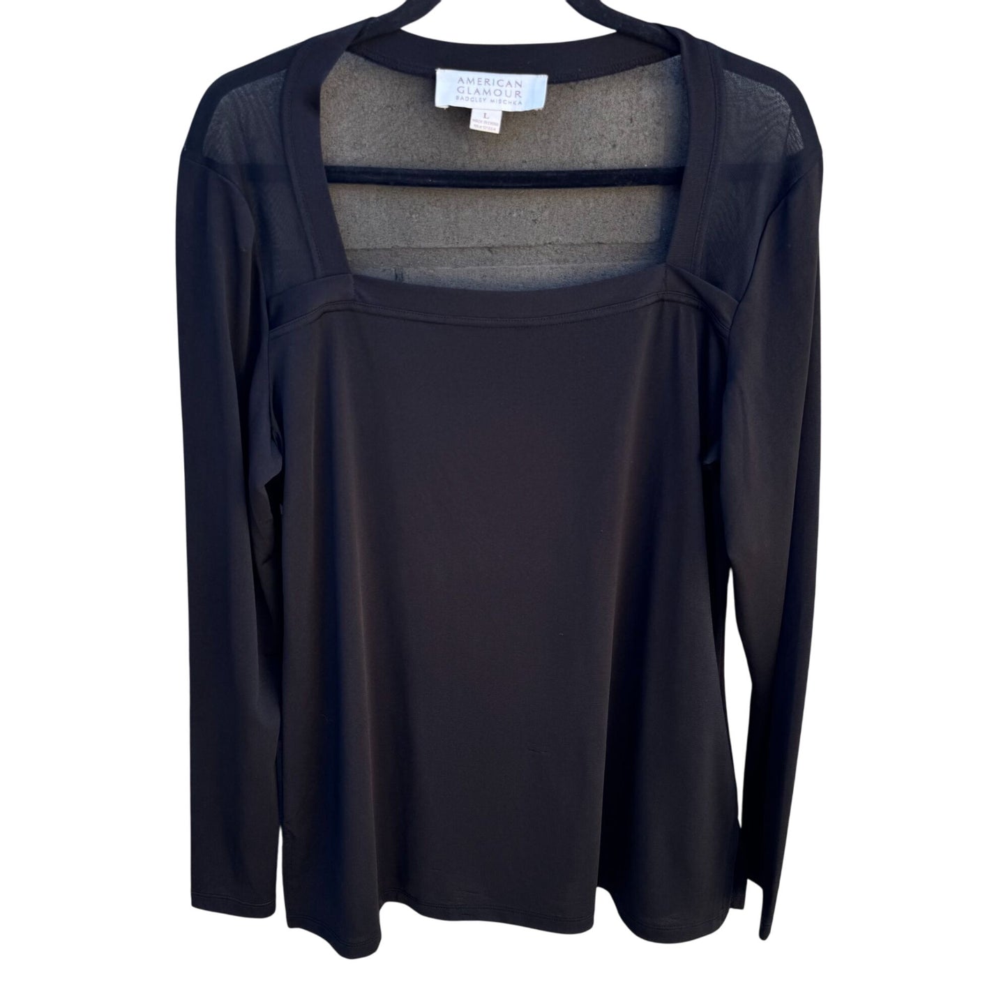 Badgley Mischka American Glamour Mesh Panel Square Neck Long Sleeve Top Black L