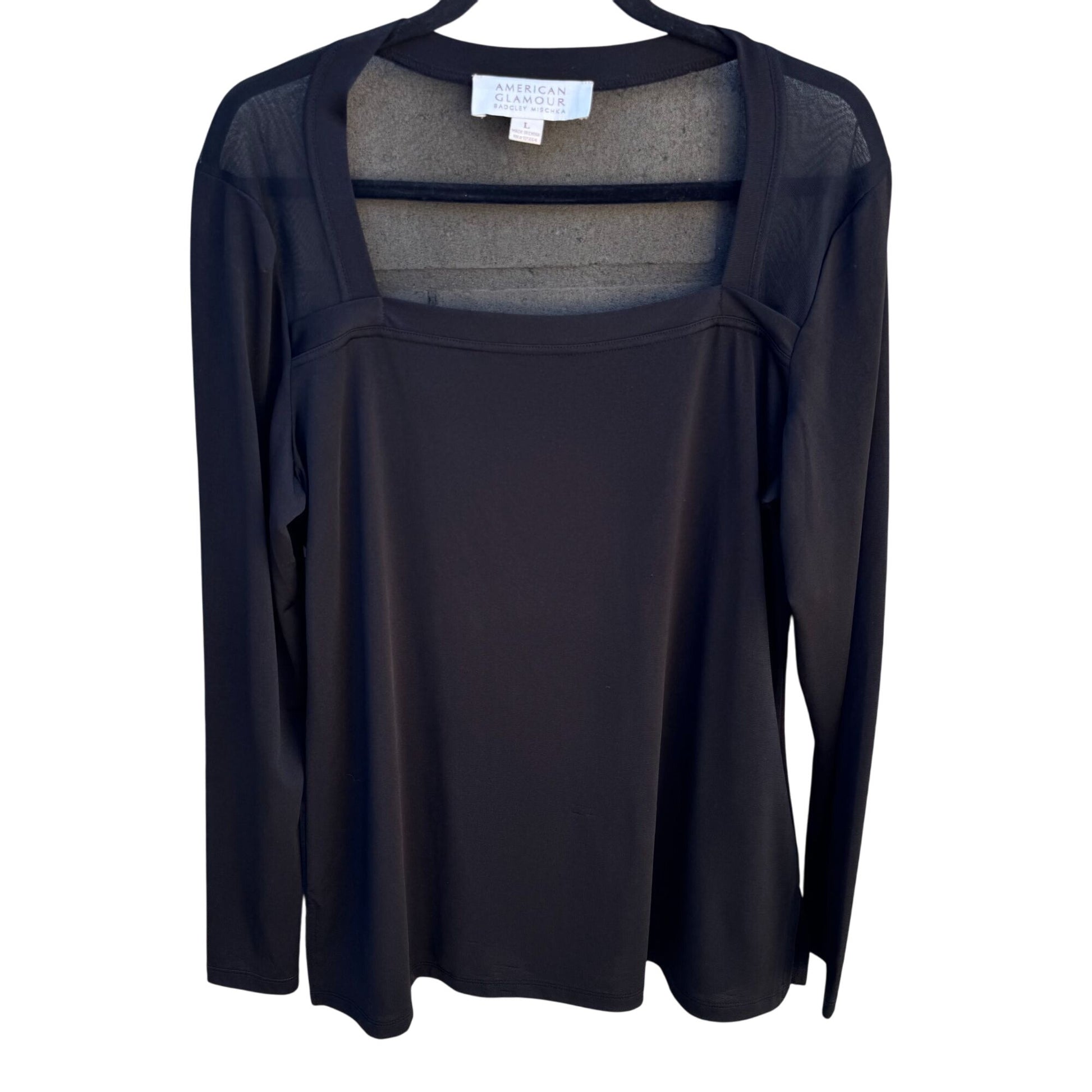 Badgley Mischka American Glamour Mesh Panel Square Neck Long Sleeve Top Black L