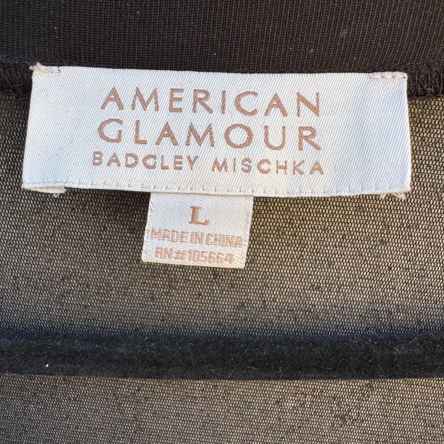 Badgley Mischka American Glamour Mesh Panel Square Neck Long Sleeve Top Black L