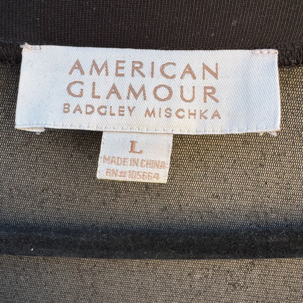 Badgley Mischka American Glamour Mesh Panel Square Neck Long Sleeve Top Black L