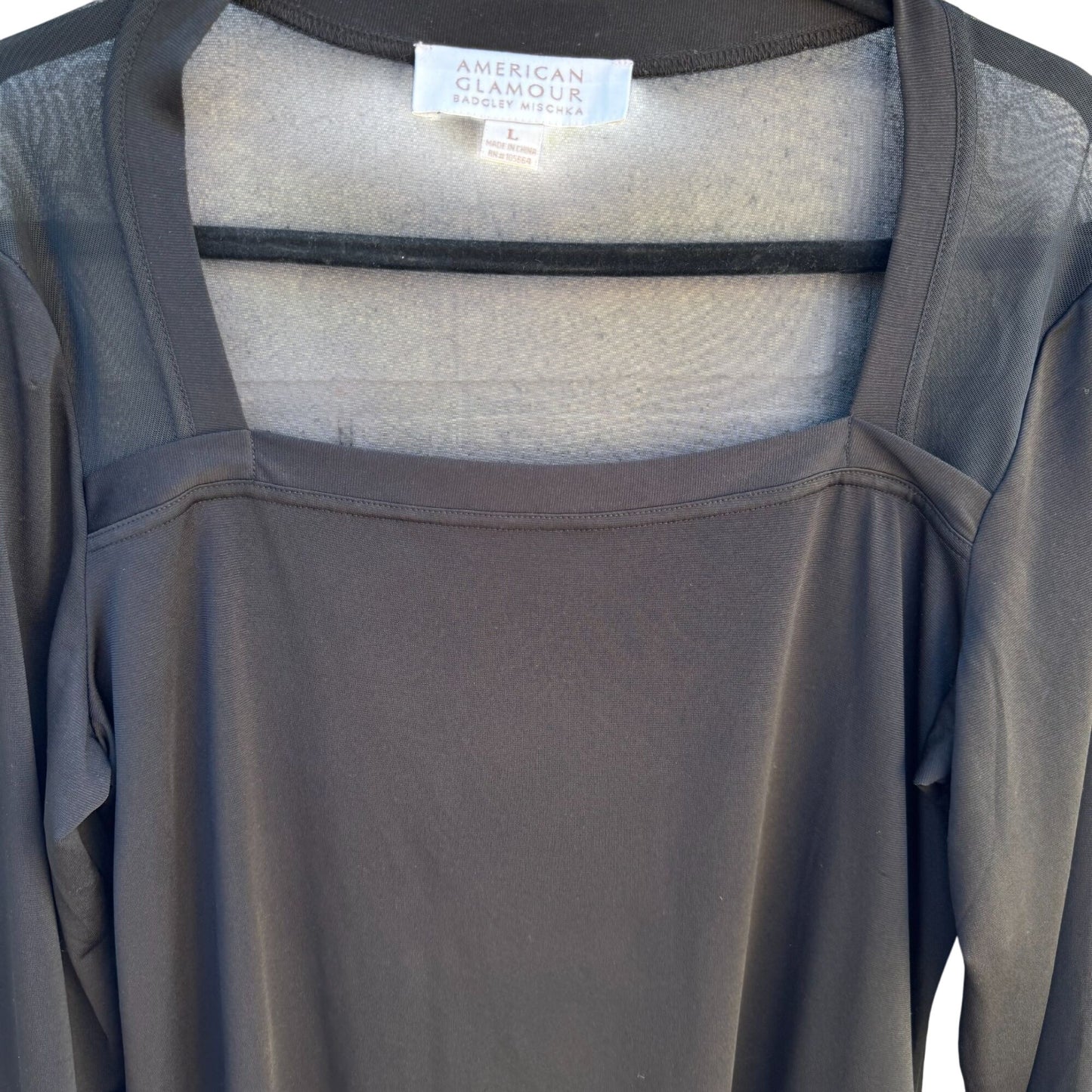 Badgley Mischka American Glamour Mesh Panel Square Neck Long Sleeve Top Black L