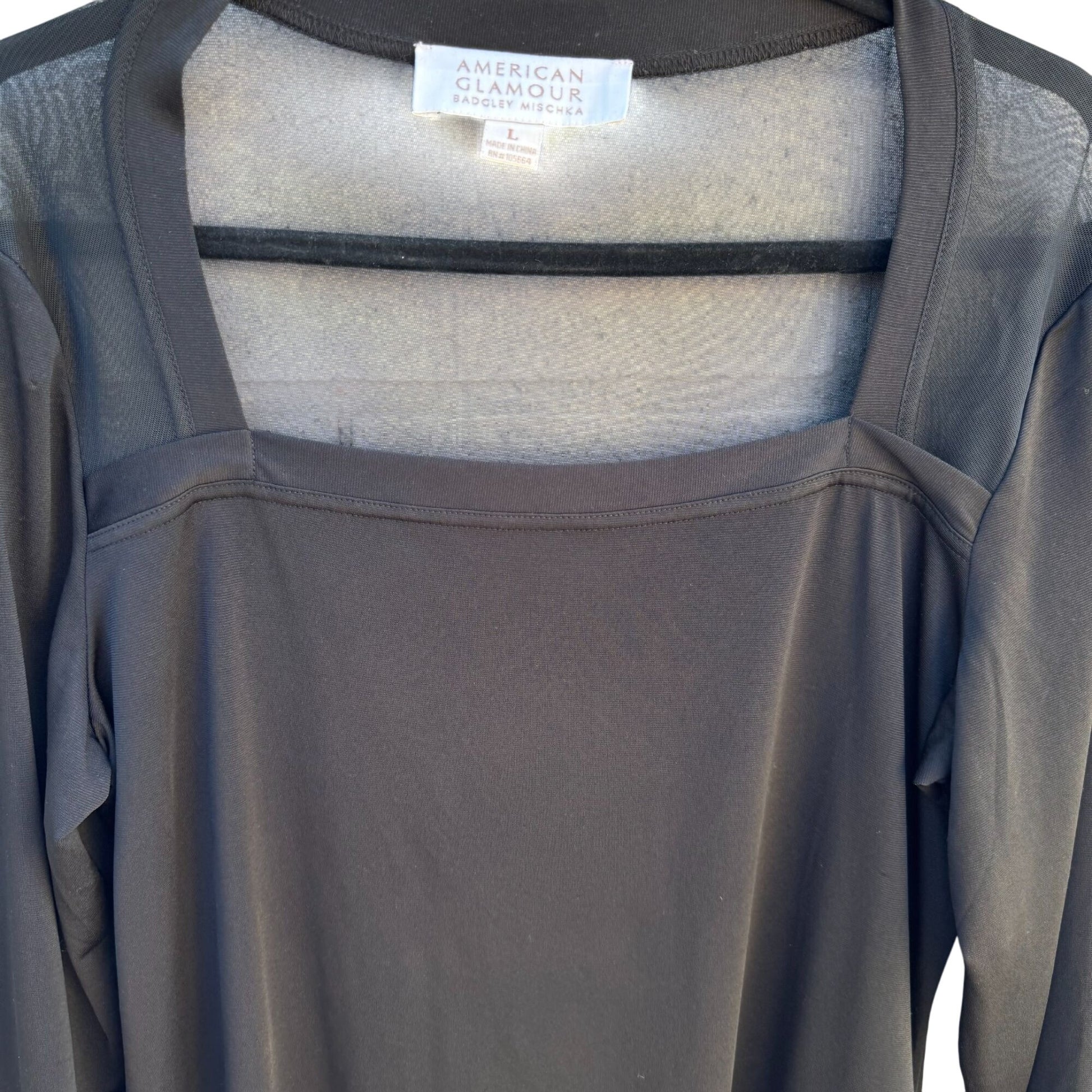 Badgley Mischka American Glamour Mesh Panel Square Neck Long Sleeve Top Black L