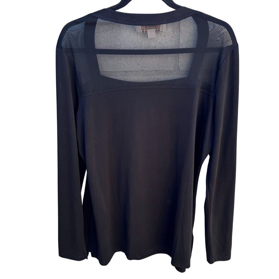 Badgley Mischka American Glamour Mesh Panel Square Neck Long Sleeve Top Black L