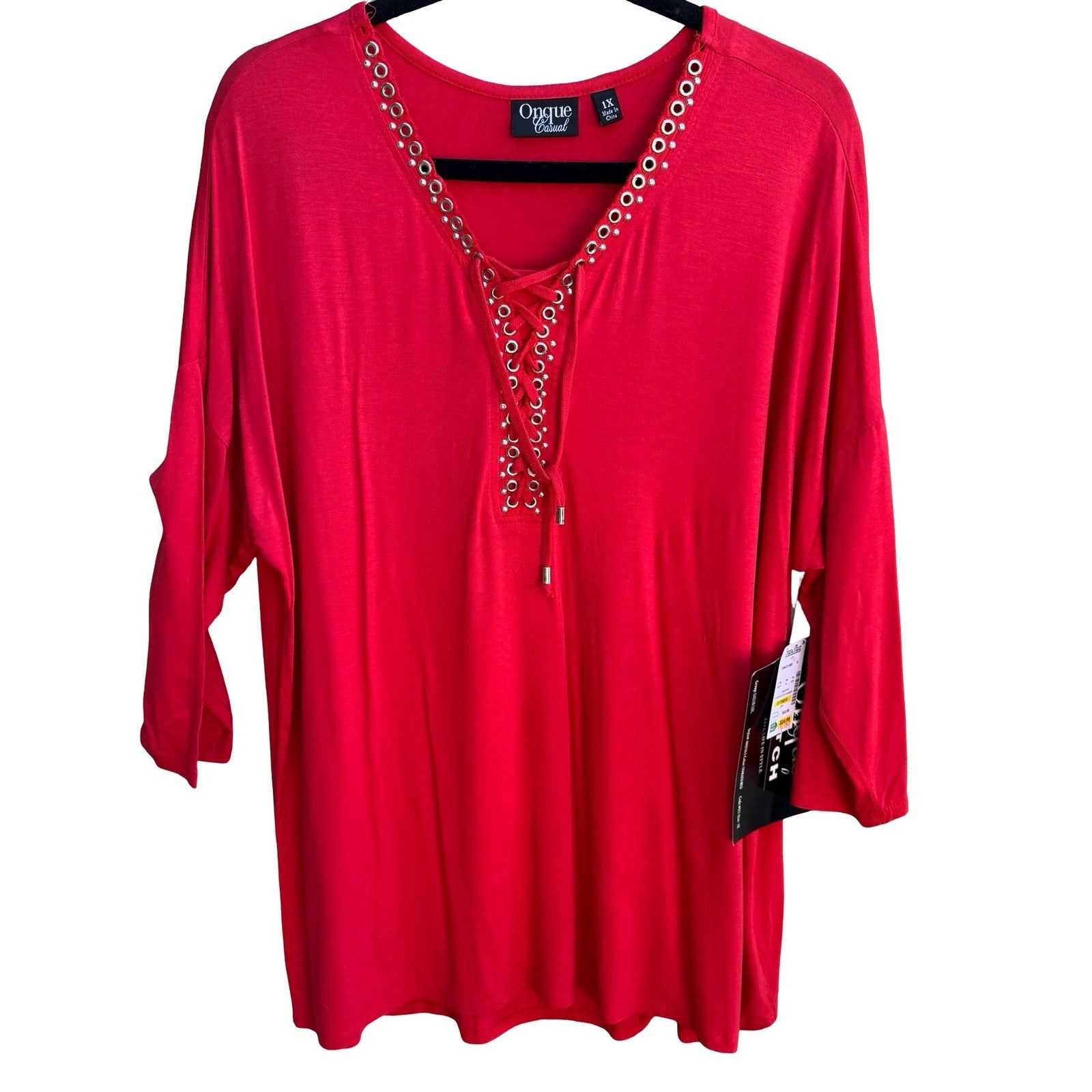 Onque Casual Nautical Sailor Girl Lace Up Grommet V-Neck Tunic Tomato Red 1X NWT