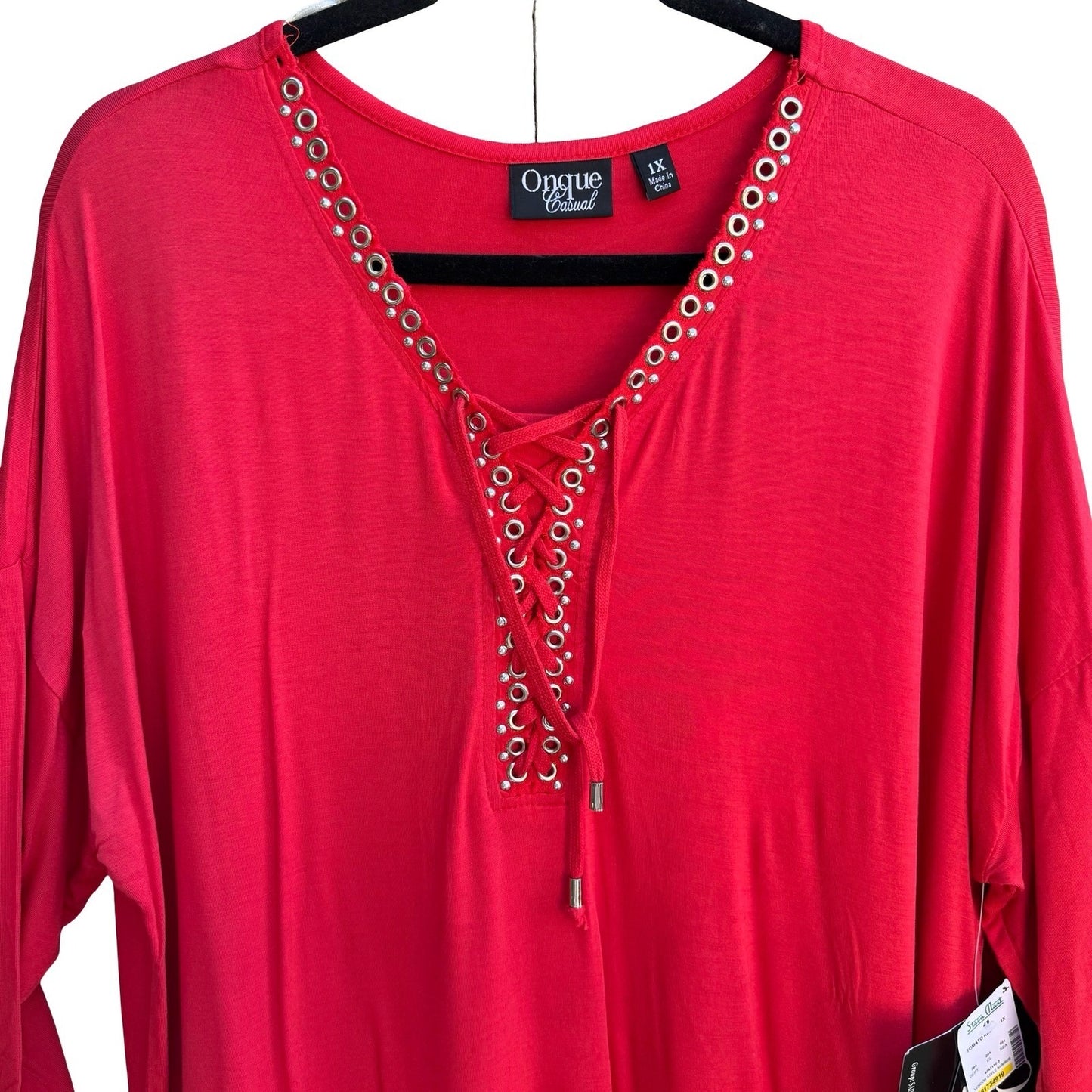 Onque Casual Nautical Sailor Girl Lace Up Grommet V-Neck Tunic Tomato Red 1X NWT