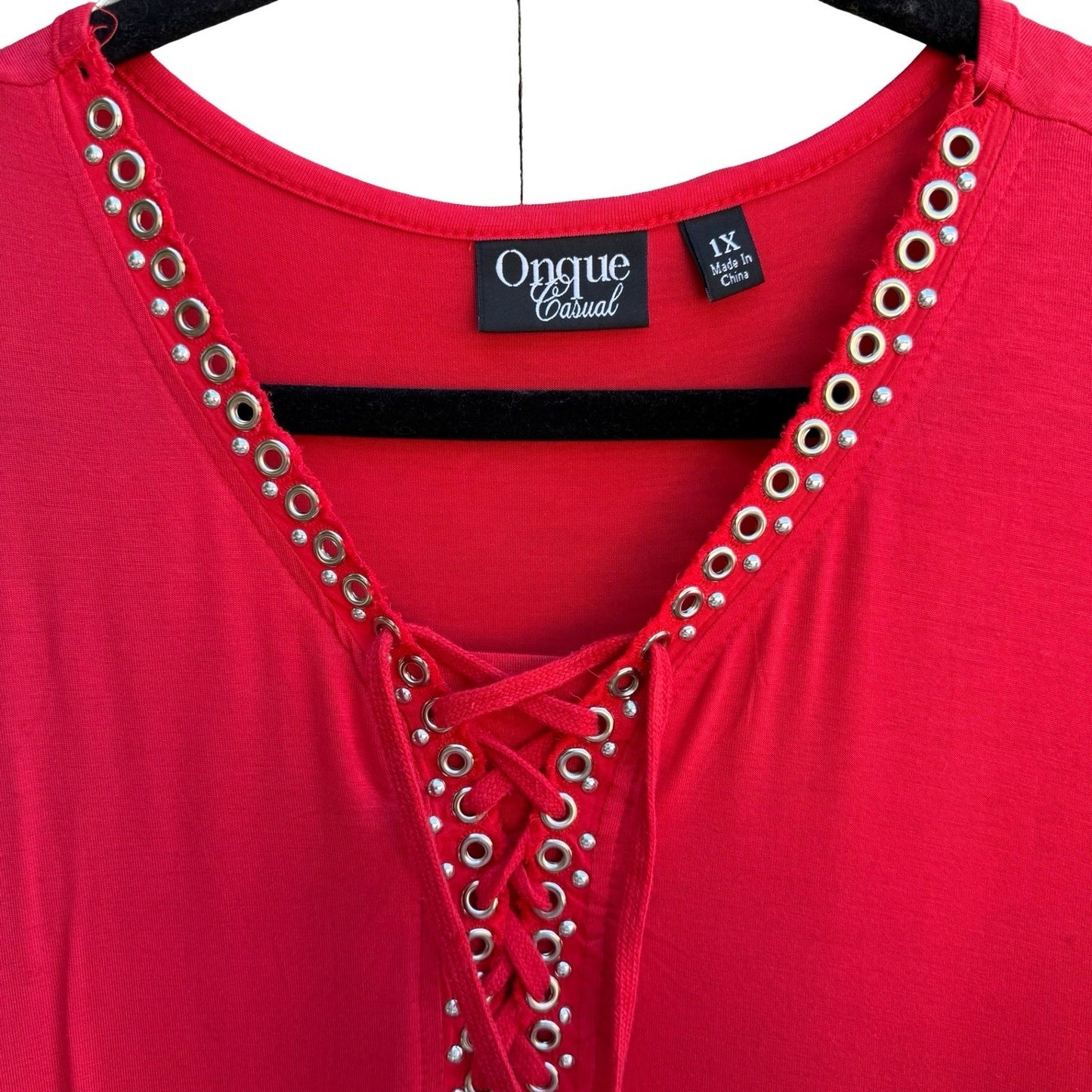 Onque Casual Nautical Sailor Girl Lace Up Grommet V-Neck Tunic Tomato Red 1X NWT