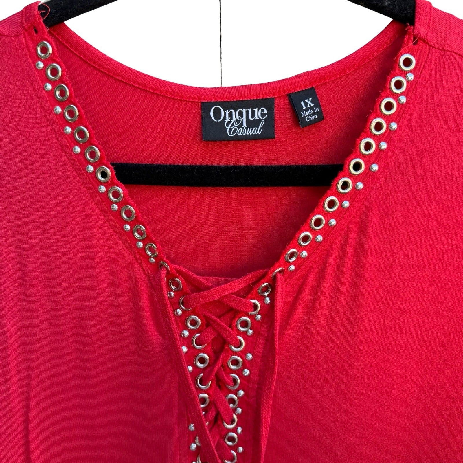 Onque Casual Nautical Sailor Girl Lace Up Grommet V-Neck Tunic Tomato Red 1X NWT