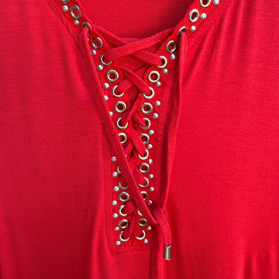 Onque Casual Nautical Sailor Girl Lace Up Grommet V-Neck Tunic Tomato Red 1X NWT