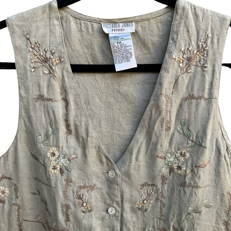 Victoria Jones Cottagecore Boho Shabby Chic Embroidered Floral Script Vest Tan M