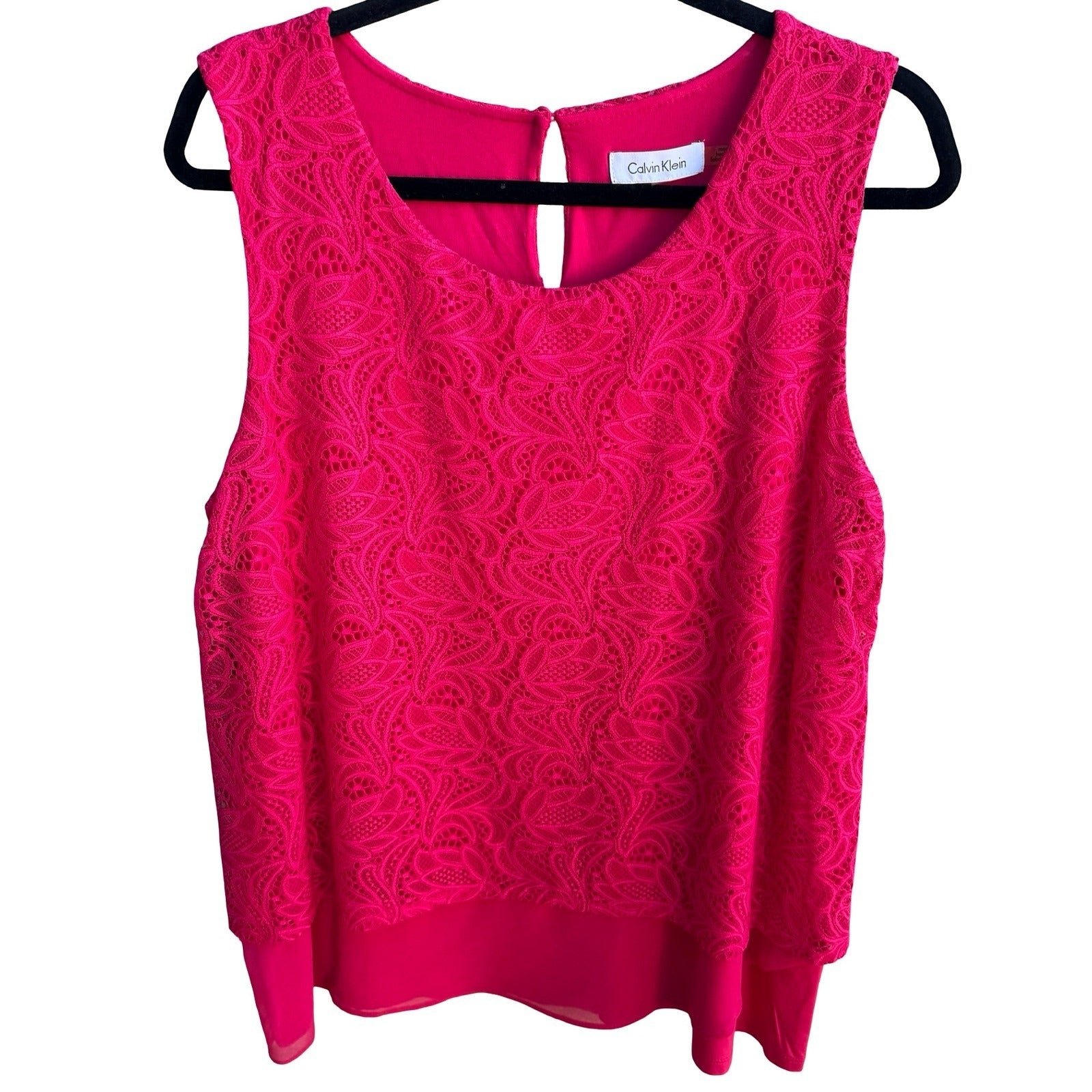 Calvin Klein Romantic Feminine Hot Pink Floral Lace Overlay Sleeveless Blouse XL