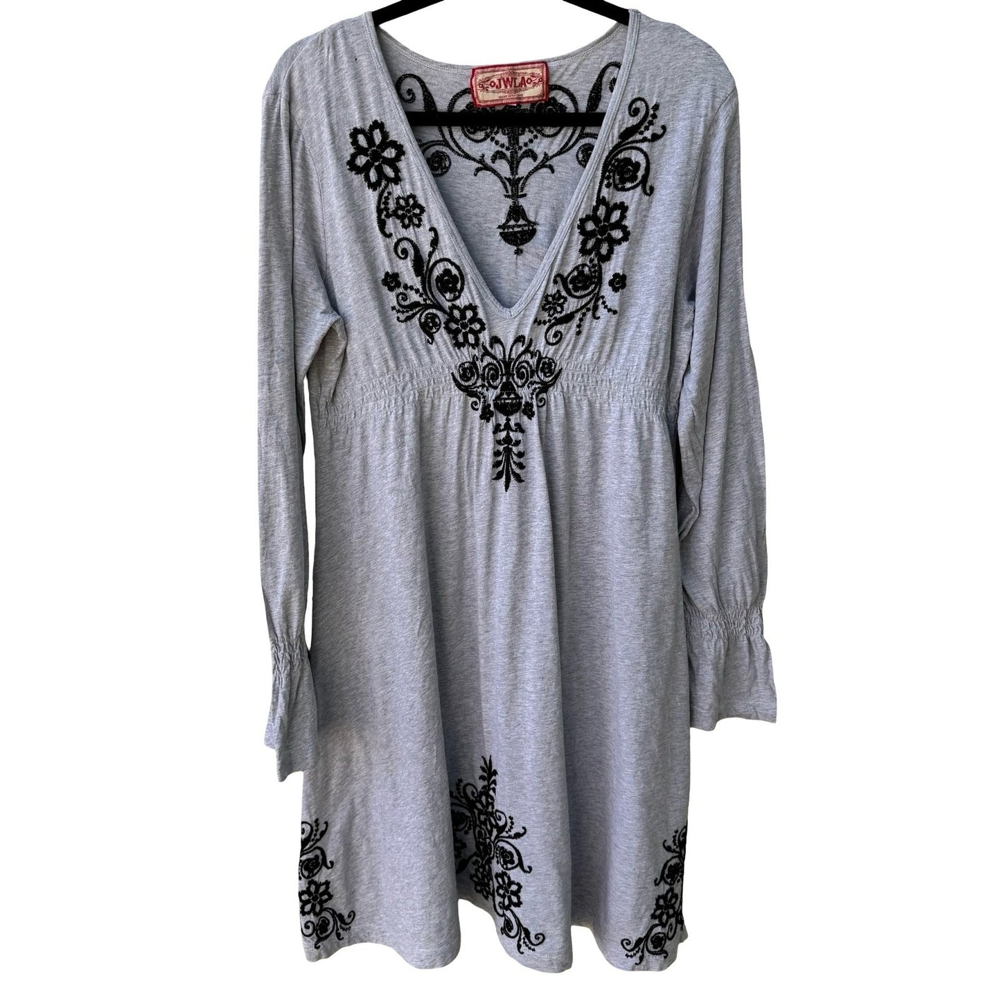 JWLA Johnny Was Embroidered V-Neck Empire Waist Tunic Dress Boho Mini Grey XL