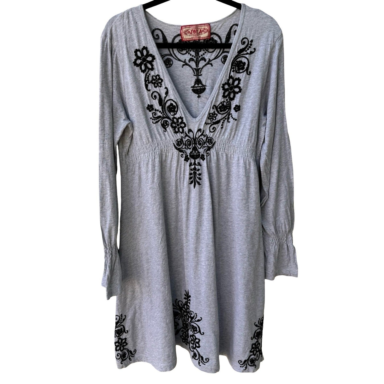 JWLA Johnny Was Embroidered V-Neck Empire Waist Tunic Dress Boho Mini Grey XL