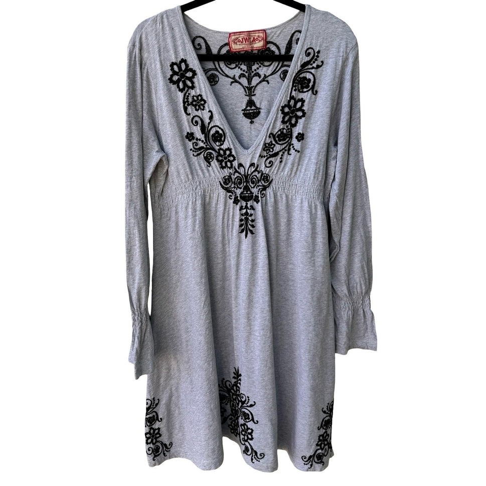 JWLA Johnny Was Embroidered V-Neck Empire Waist Tunic Dress Boho Mini Grey XL