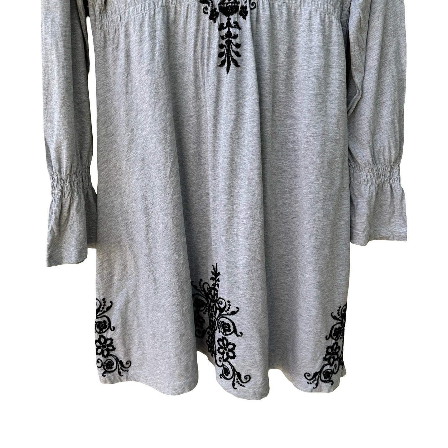 JWLA Johnny Was Embroidered V-Neck Empire Waist Tunic Dress Boho Mini Grey XL
