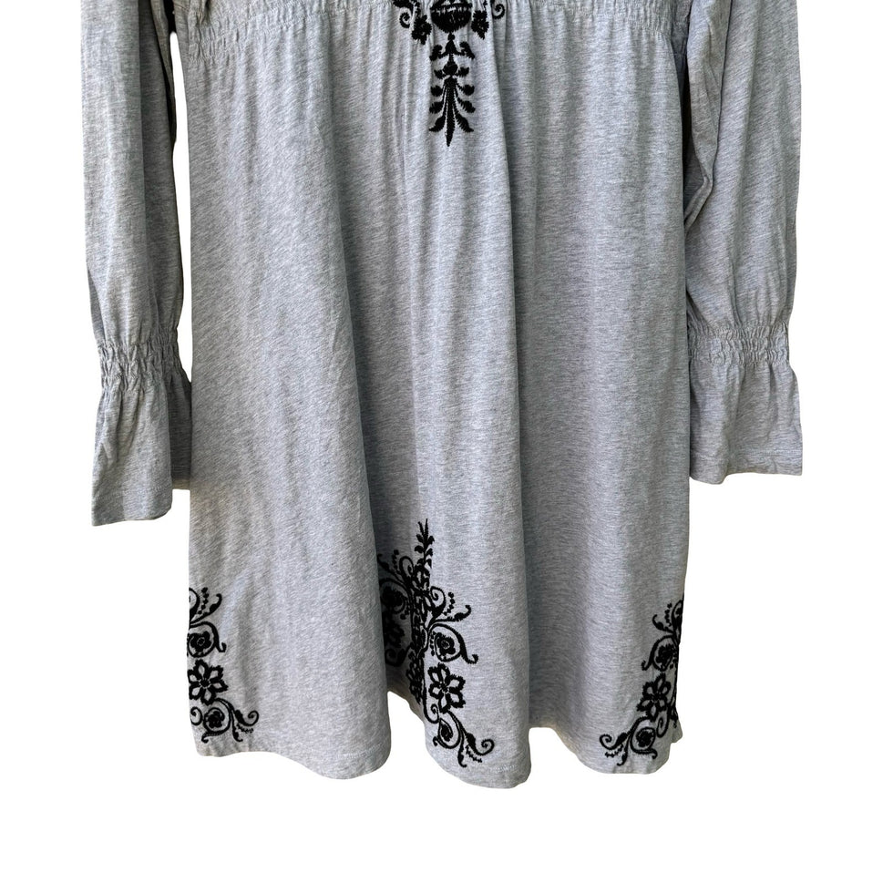 JWLA Johnny Was Embroidered V-Neck Empire Waist Tunic Dress Boho Mini Grey XL