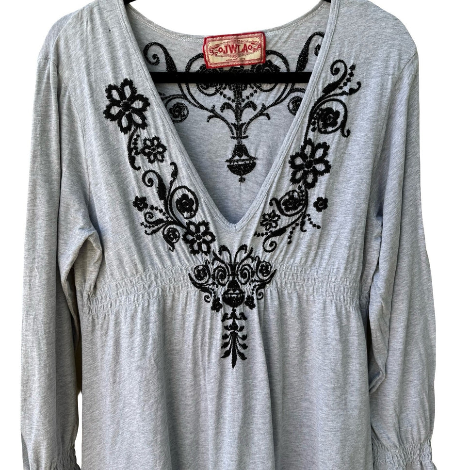 JWLA Johnny Was Embroidered V-Neck Empire Waist Tunic Dress Boho Mini Grey XL