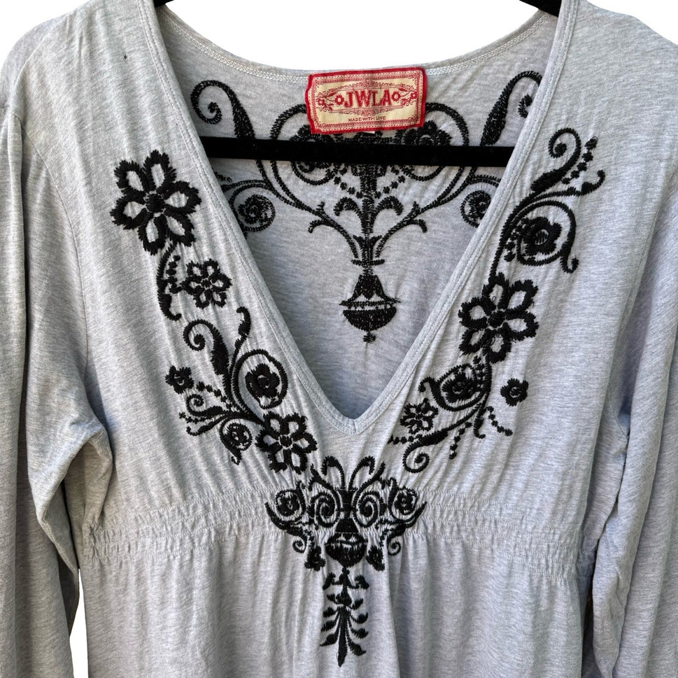 JWLA Johnny Was Embroidered V-Neck Empire Waist Tunic Dress Boho Mini Grey XL