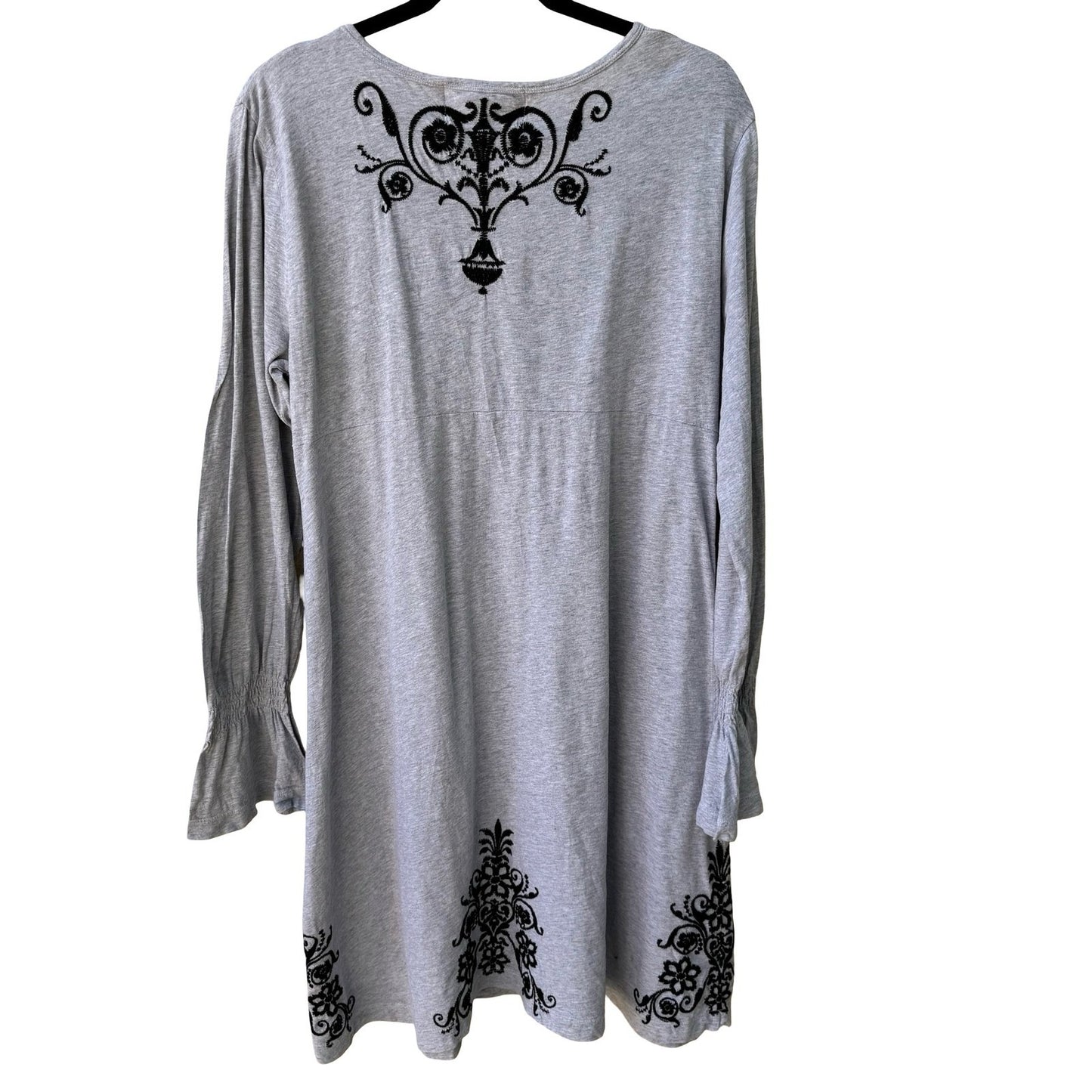 JWLA Johnny Was Embroidered V-Neck Empire Waist Tunic Dress Boho Mini Grey XL