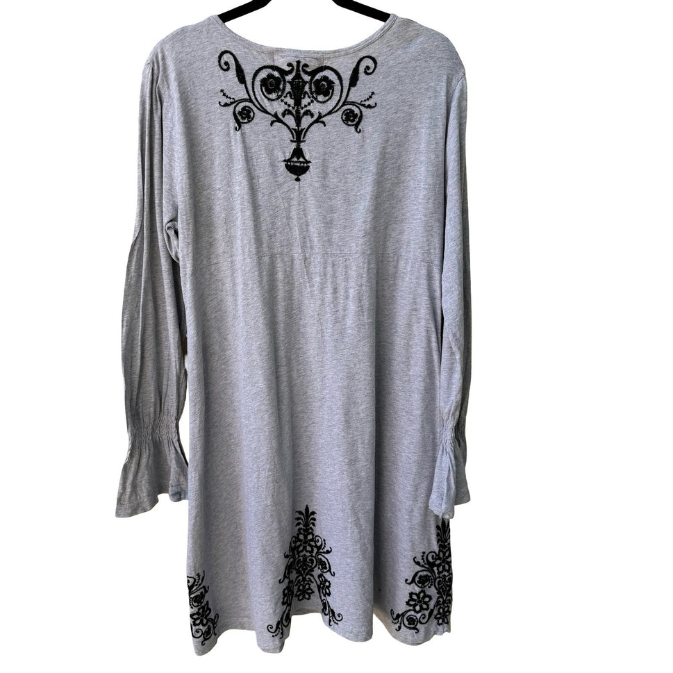 JWLA Johnny Was Embroidered V-Neck Empire Waist Tunic Dress Boho Mini Grey XL
