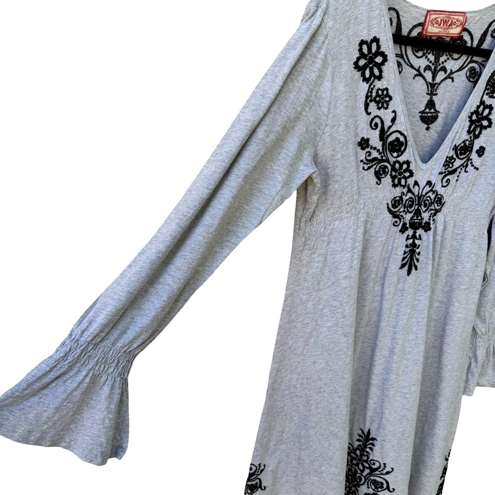 JWLA Johnny Was Embroidered V-Neck Empire Waist Tunic Dress Boho Mini Grey XL