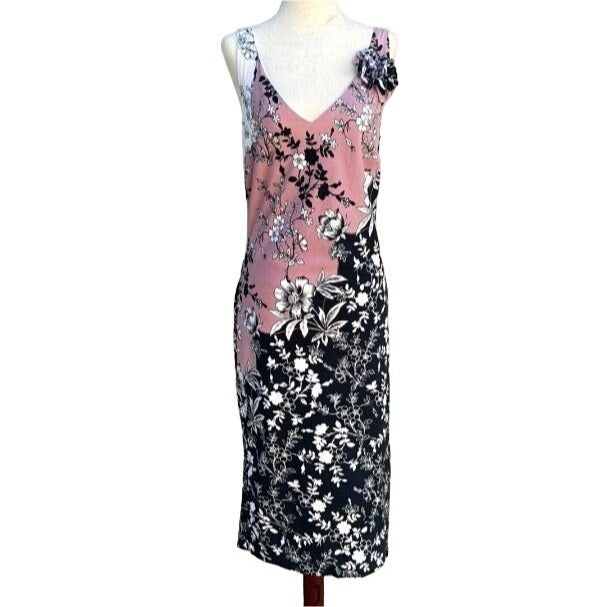 Newport News Sleeveless Floral V Neck Lined Lightweight Pink Black Women's Dress