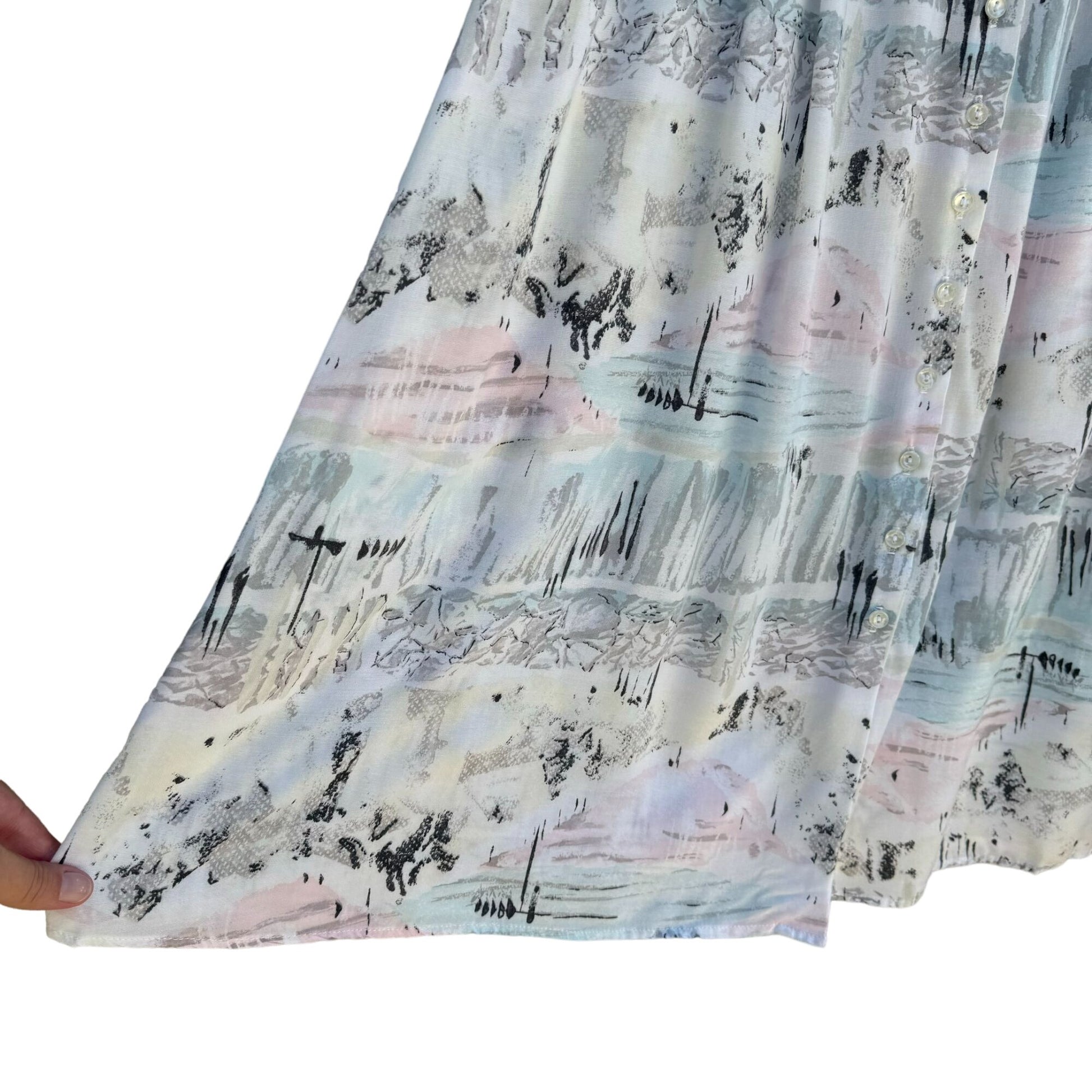 Women's Vintage Pleated Flowy Button Front Midi Skirt With Abstract Pastel Print