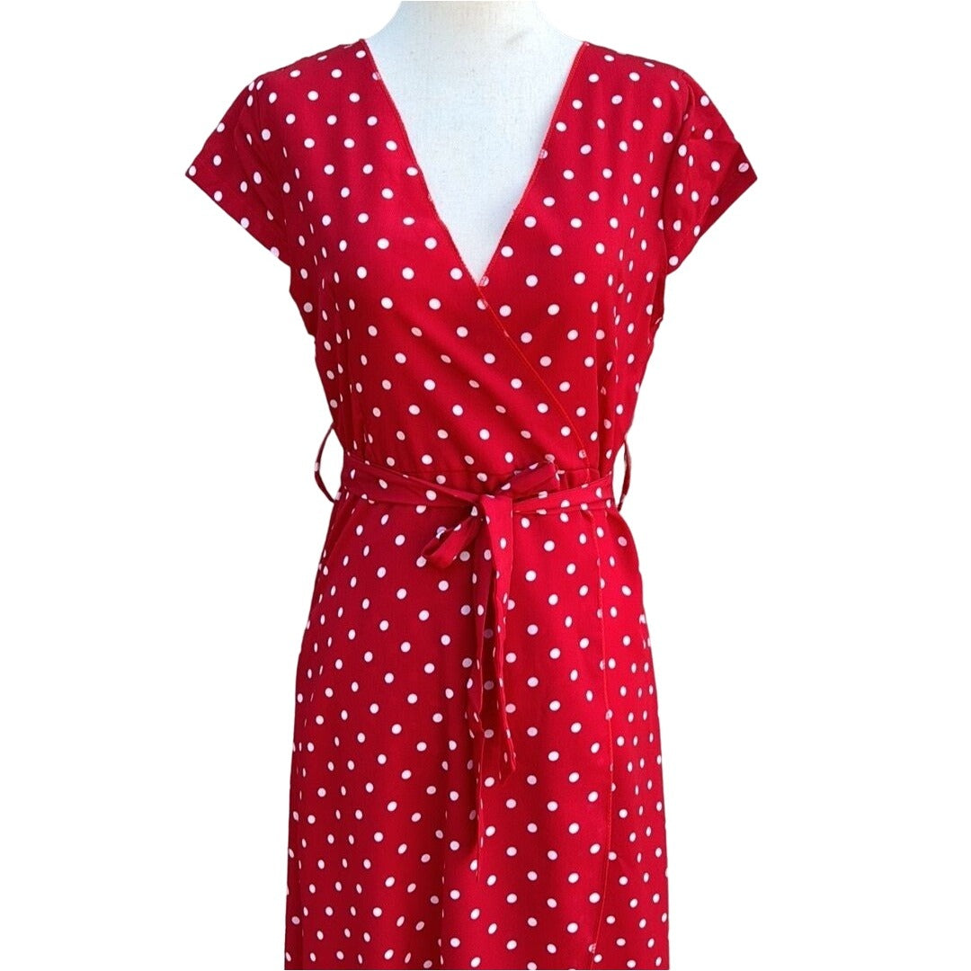 Vintage Inspired Red White Polka Dot V-Neck Cap Sleeves Tie Waist Tulip Dress