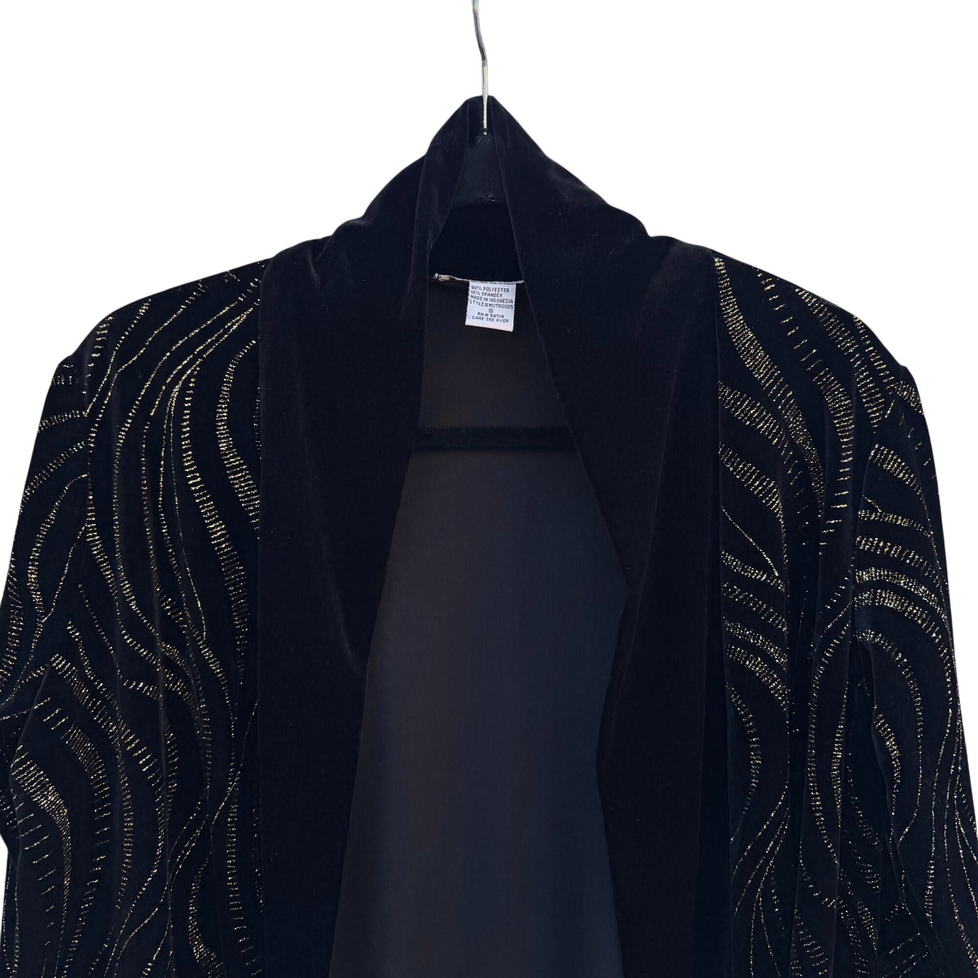 Notations Womens Black Gold Glitter Velvet Open Front Long Sleeve Jacket Blazer S