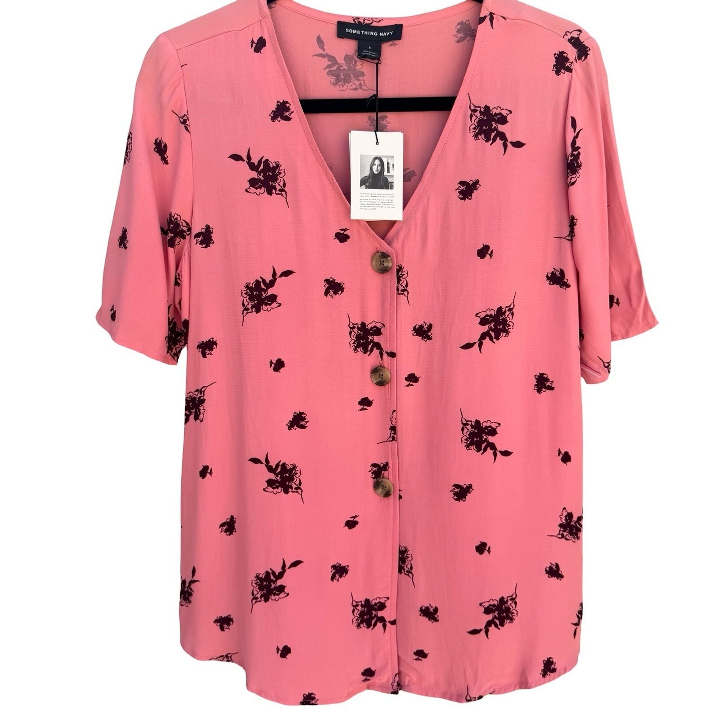 Something Navy Pink Floral Button Front V-Neck Short Sleeve Flowy Blouse XS New