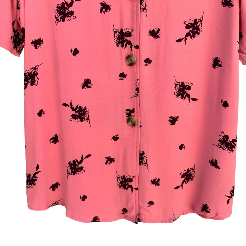 Something Navy Pink Floral Button Front V-Neck Short Sleeve Flowy Blouse XS New