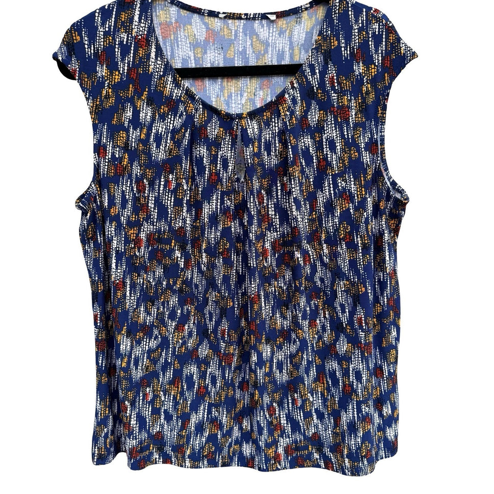 Kasper Blue Abstract Geometric Print Sleeveless Pleated Keyhole Top Mod Layering