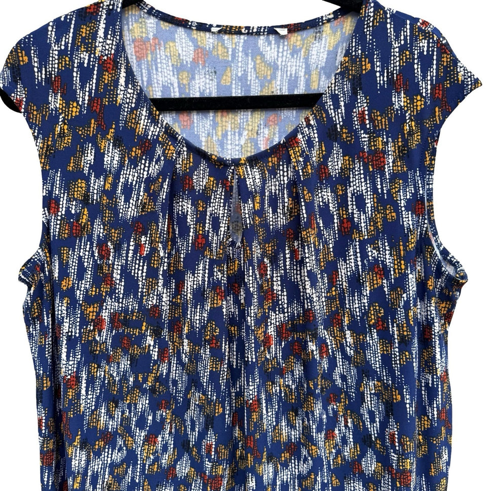 Kasper Blue Abstract Geometric Print Sleeveless Pleated Keyhole Top Mod Layering