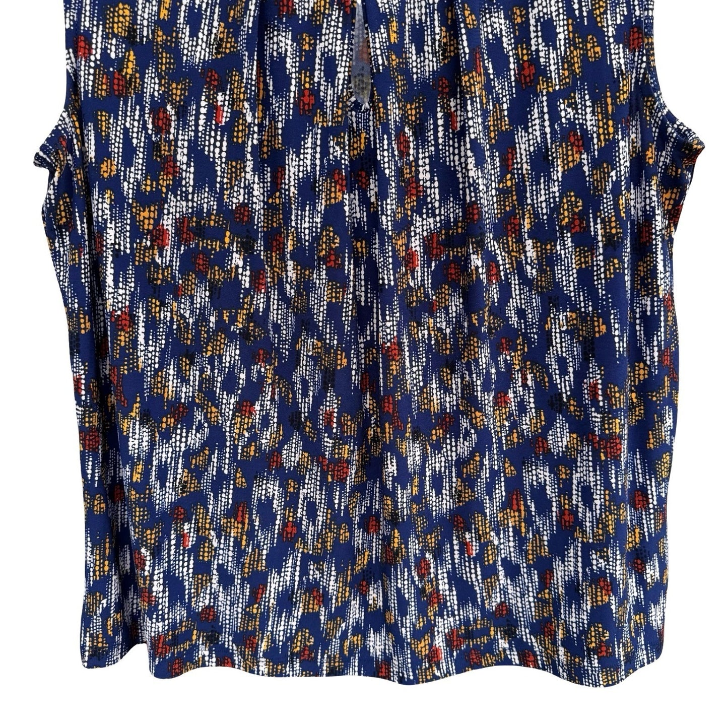 Kasper Blue Abstract Geometric Print Sleeveless Pleated Keyhole Top Mod Layering
