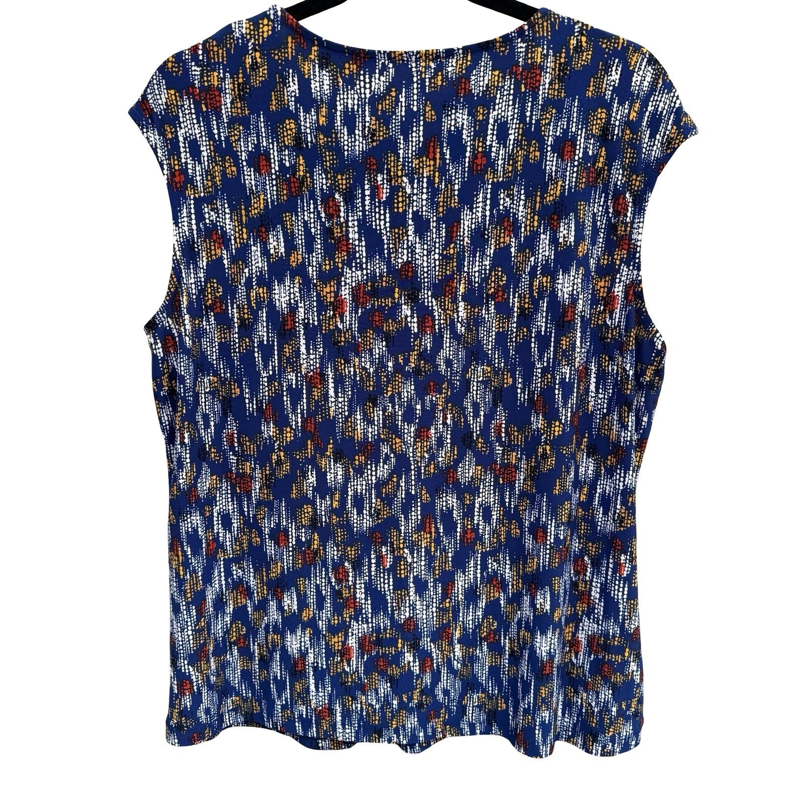 Kasper Blue Abstract Geometric Print Sleeveless Pleated Keyhole Top Mod Layering
