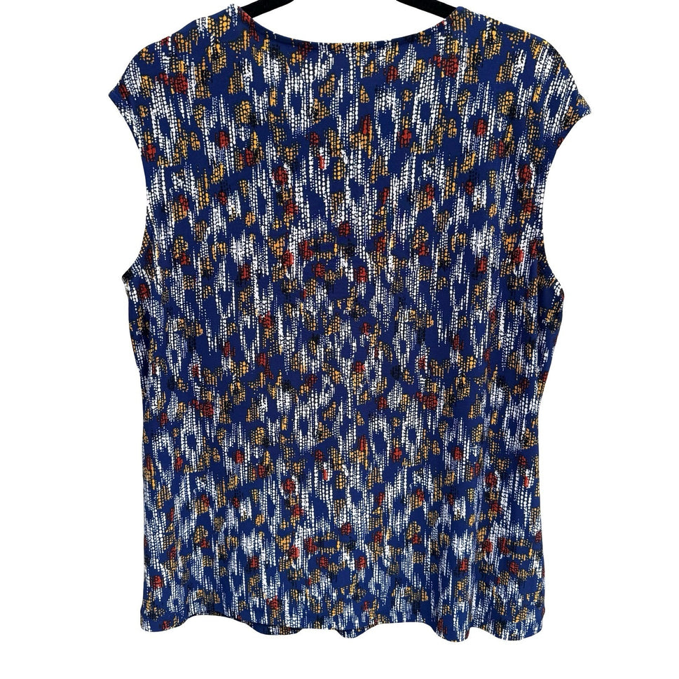Kasper Blue Abstract Geometric Print Sleeveless Pleated Keyhole Top Mod Layering