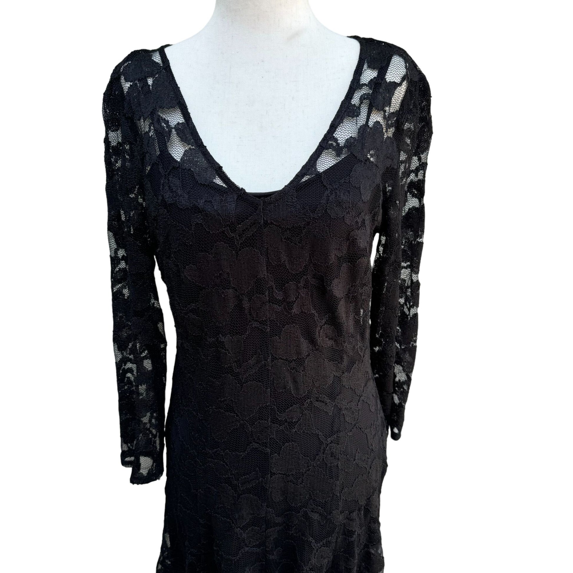 Chetta B Vintage Women's Black Deep V Neck Lace Long Sleeve Two Piece Dress - 10