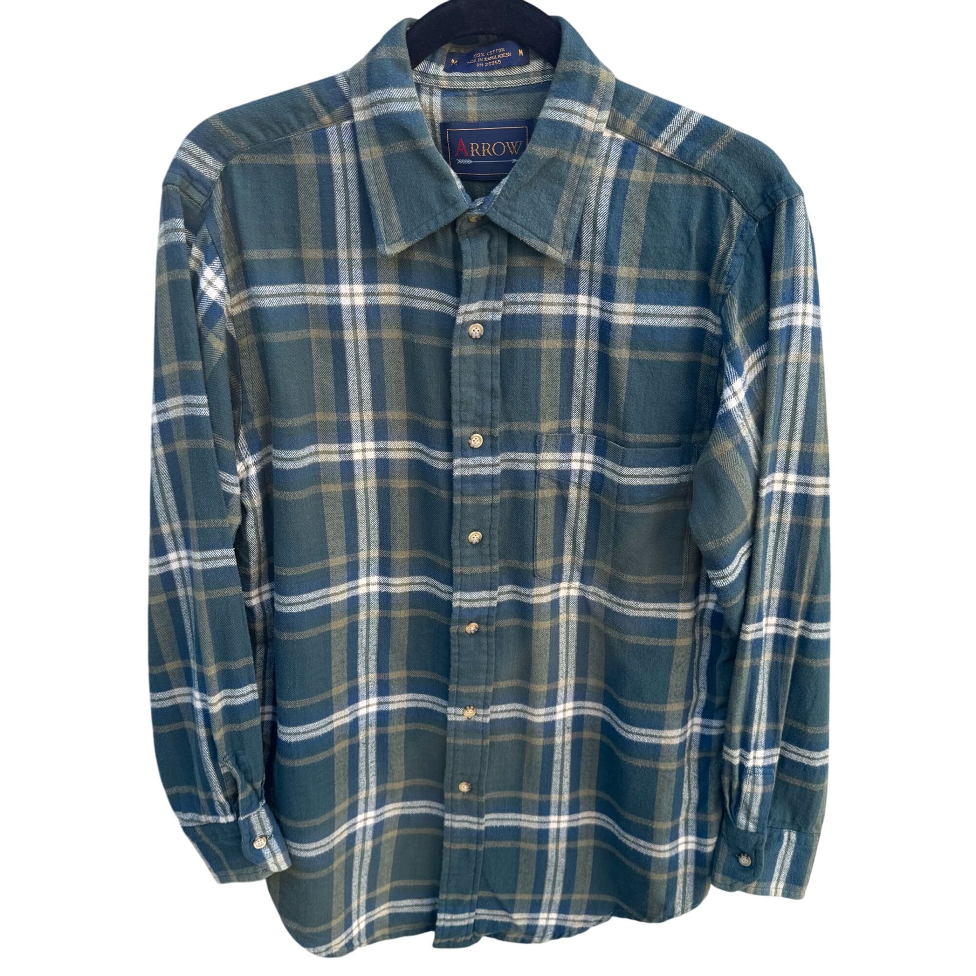 Arrow Vintage Mens Grunge Green Plaid Button-Up Shirt Long Sleeve Cotton M