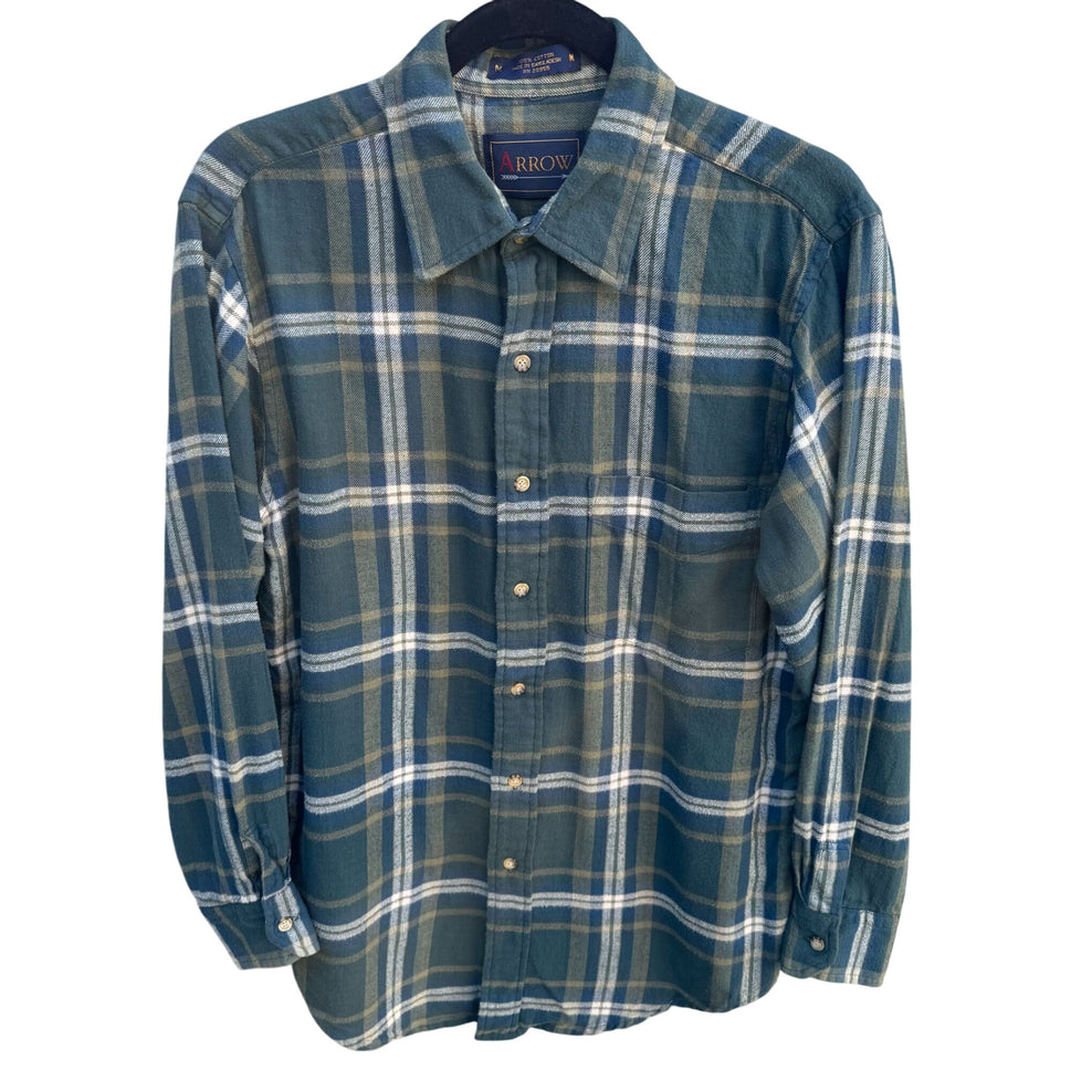 Arrow Vintage Mens Grunge Green Plaid Button-Up Shirt Long Sleeve Cotton M