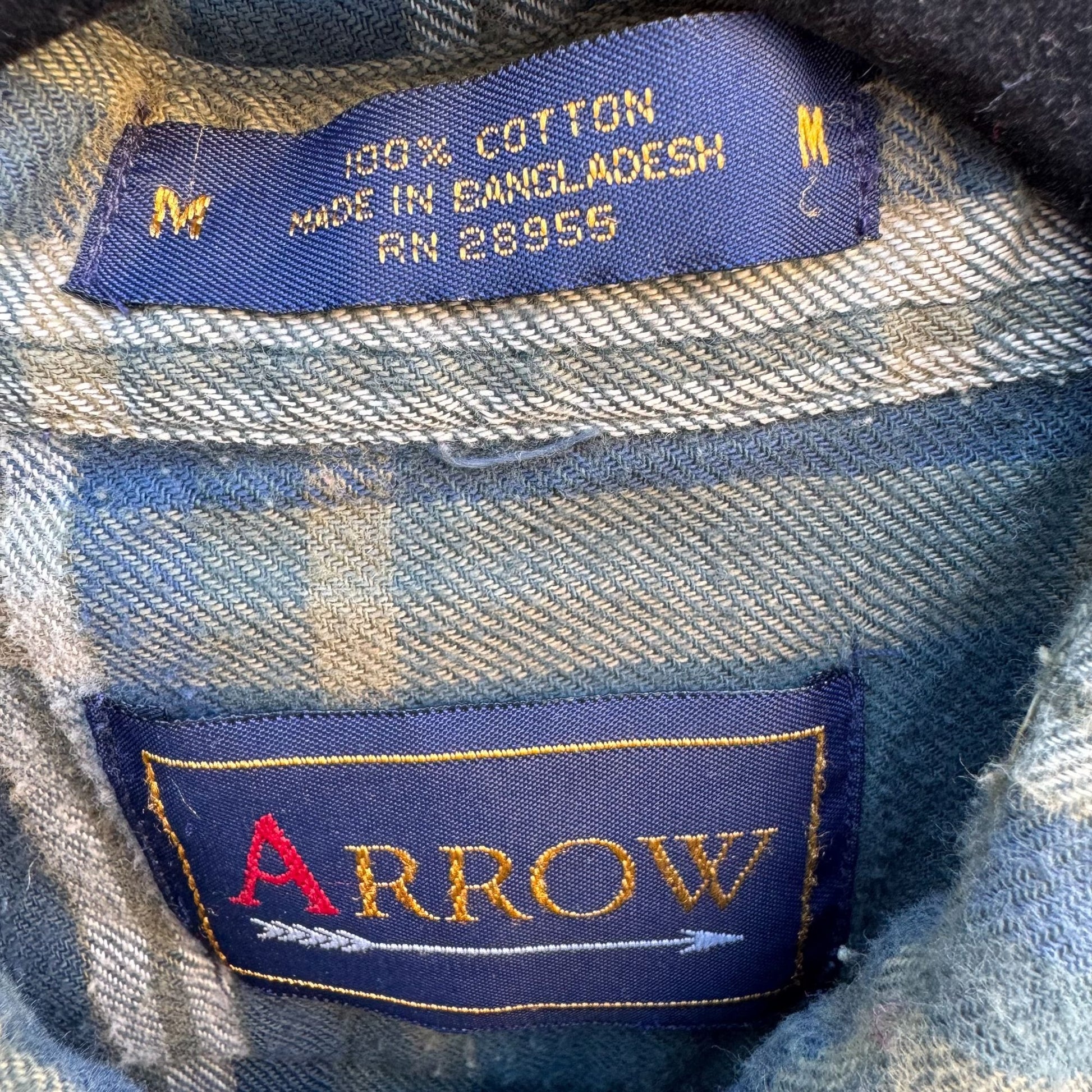 Arrow Vintage Mens Grunge Green Plaid Button-Up Shirt Long Sleeve Cotton M