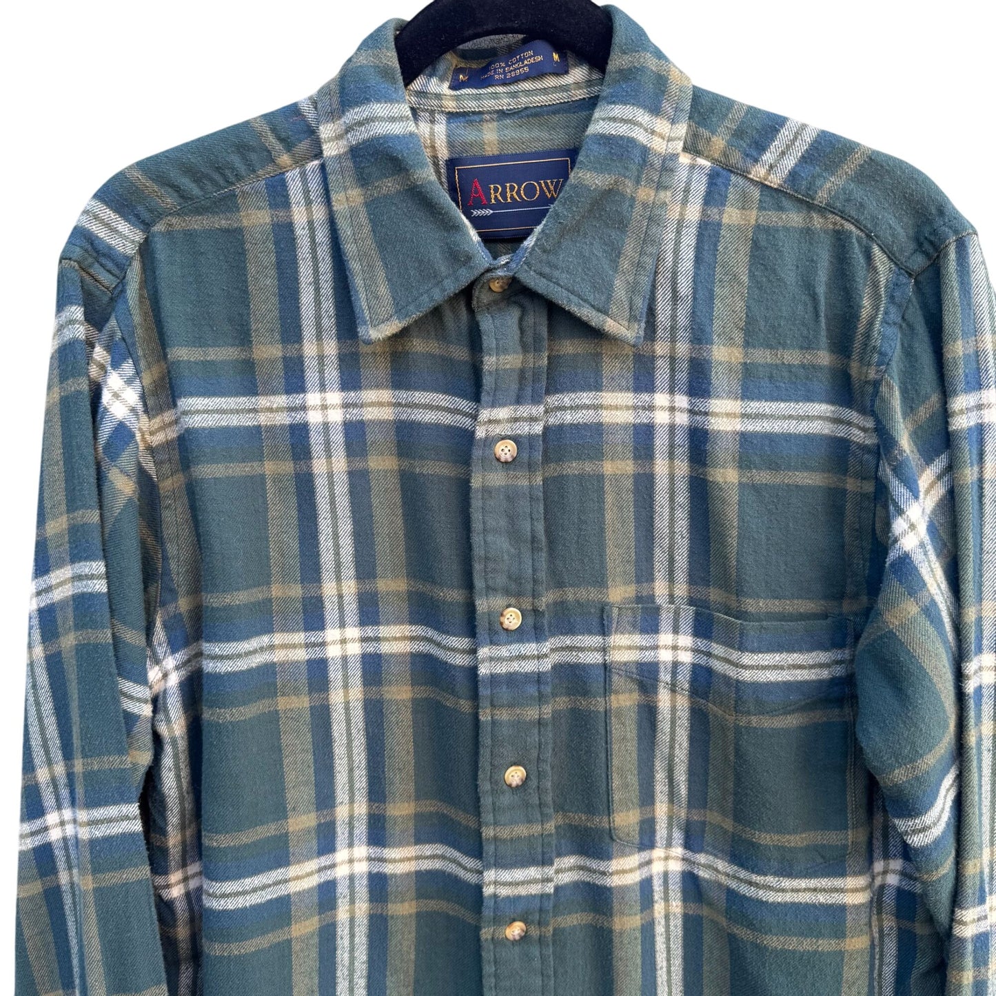 Arrow Vintage Mens Grunge Green Plaid Button-Up Shirt Long Sleeve Cotton M