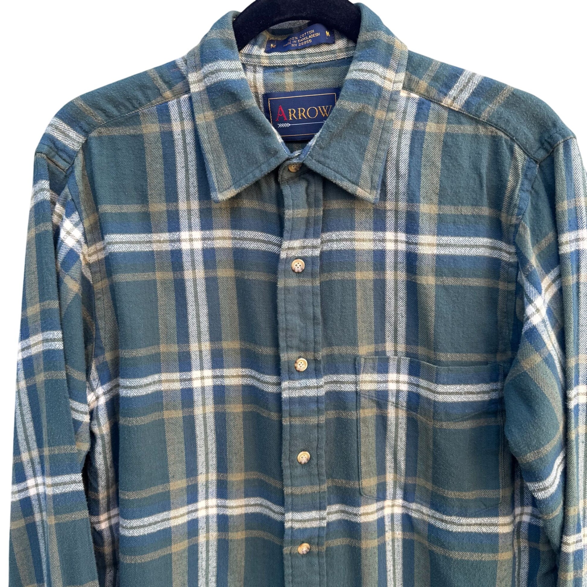 Arrow Vintage Mens Grunge Green Plaid Button-Up Shirt Long Sleeve Cotton M