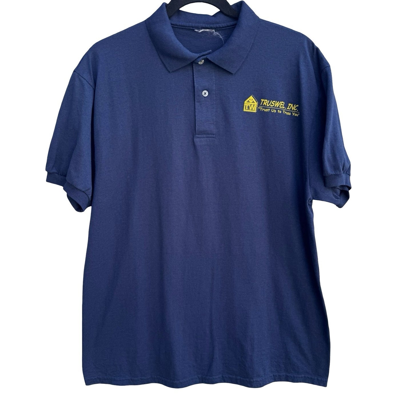 Truswel Trust Us To Truss You Vintage Navy Graphic Polo Shirt Mens L Workwear
