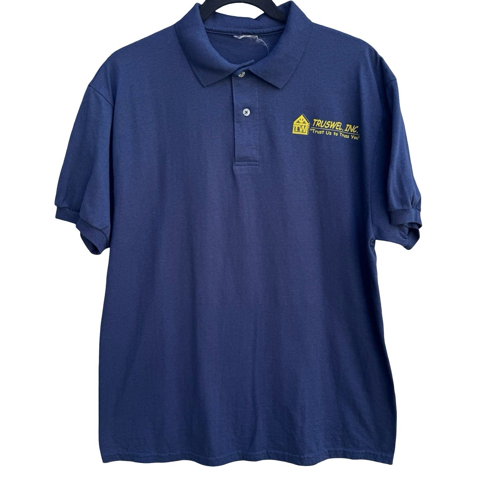 Truswel Trust Us To Truss You Vintage Navy Graphic Polo Shirt Mens L Workwear