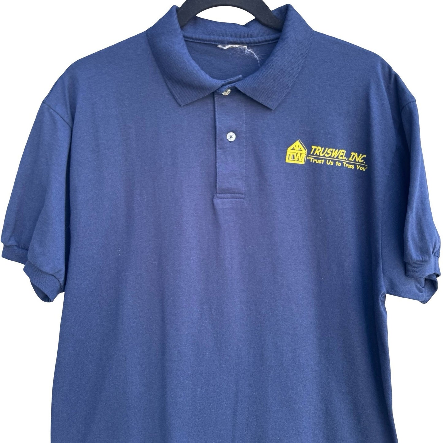 Truswel Trust Us To Truss You Vintage Navy Graphic Polo Shirt Mens L Workwear