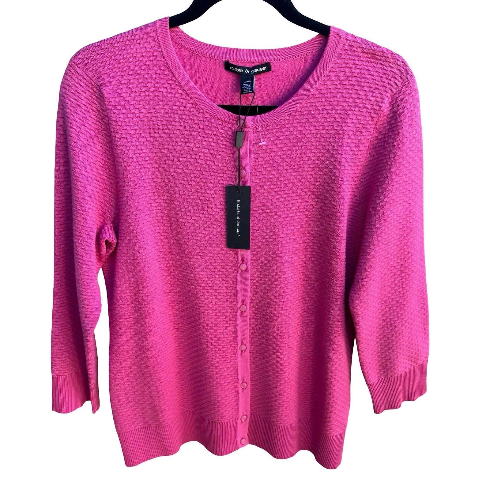Cable & Gauge Barbiecore Textured Knit Button Front Cardigan Sweater Pink L NWT