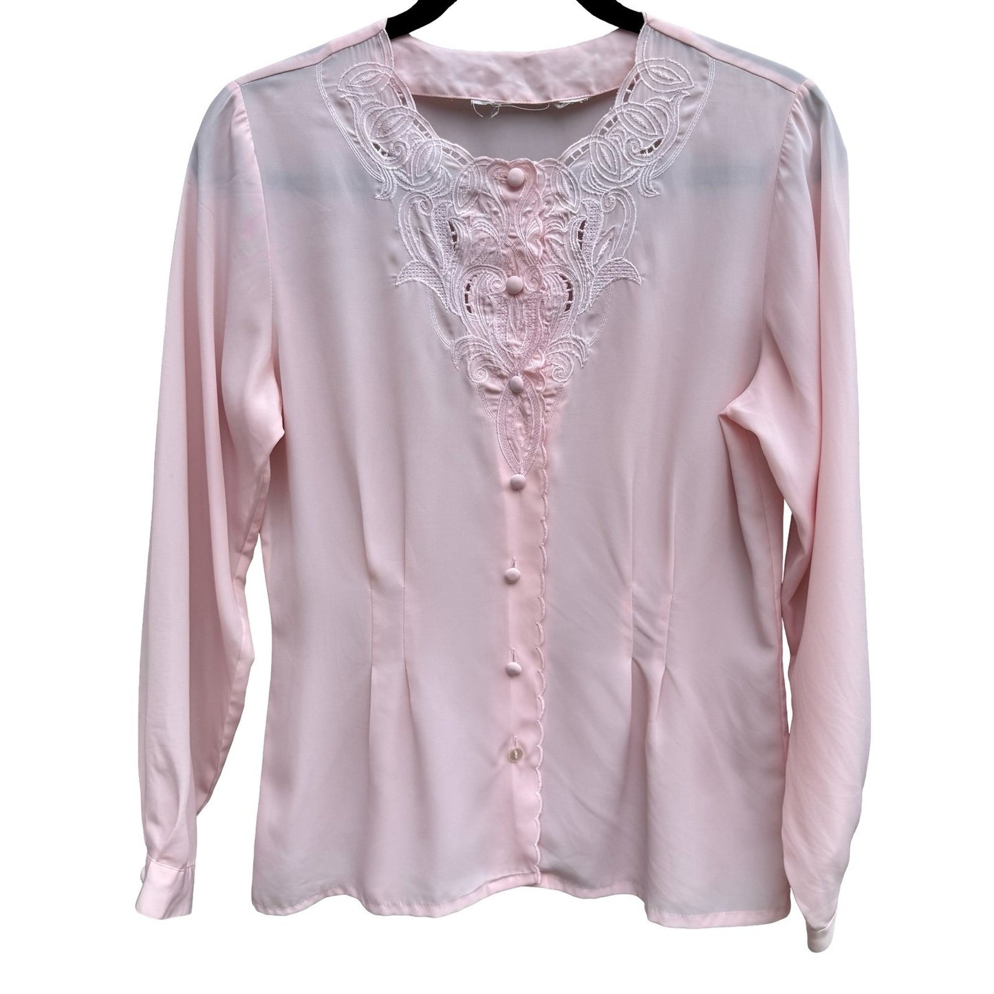 Vintage Pastel Pink Embroidered Lace Blouse Long Sleeve Romantic Pintuck Top