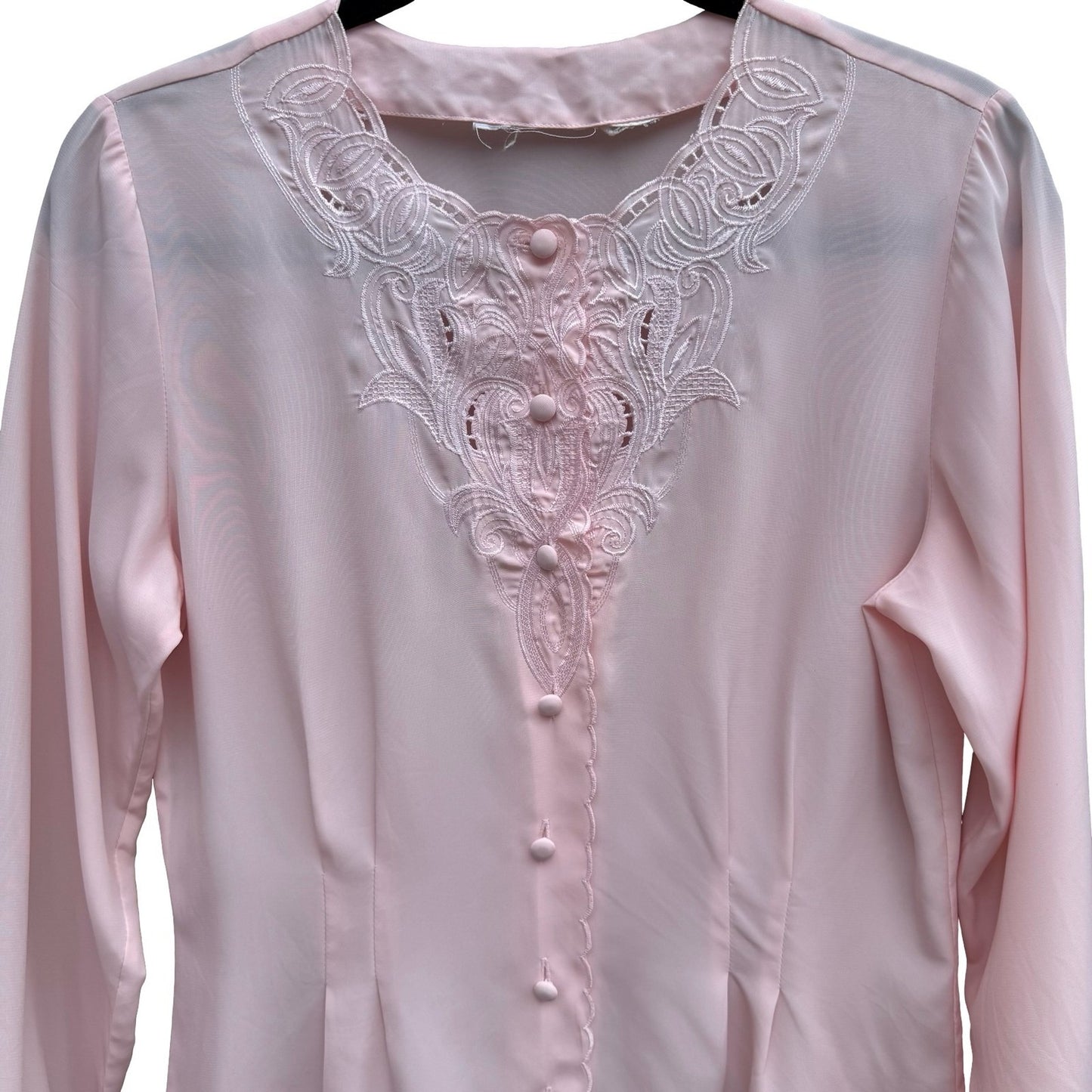Vintage Pastel Pink Embroidered Lace Blouse Long Sleeve Romantic Pintuck Top