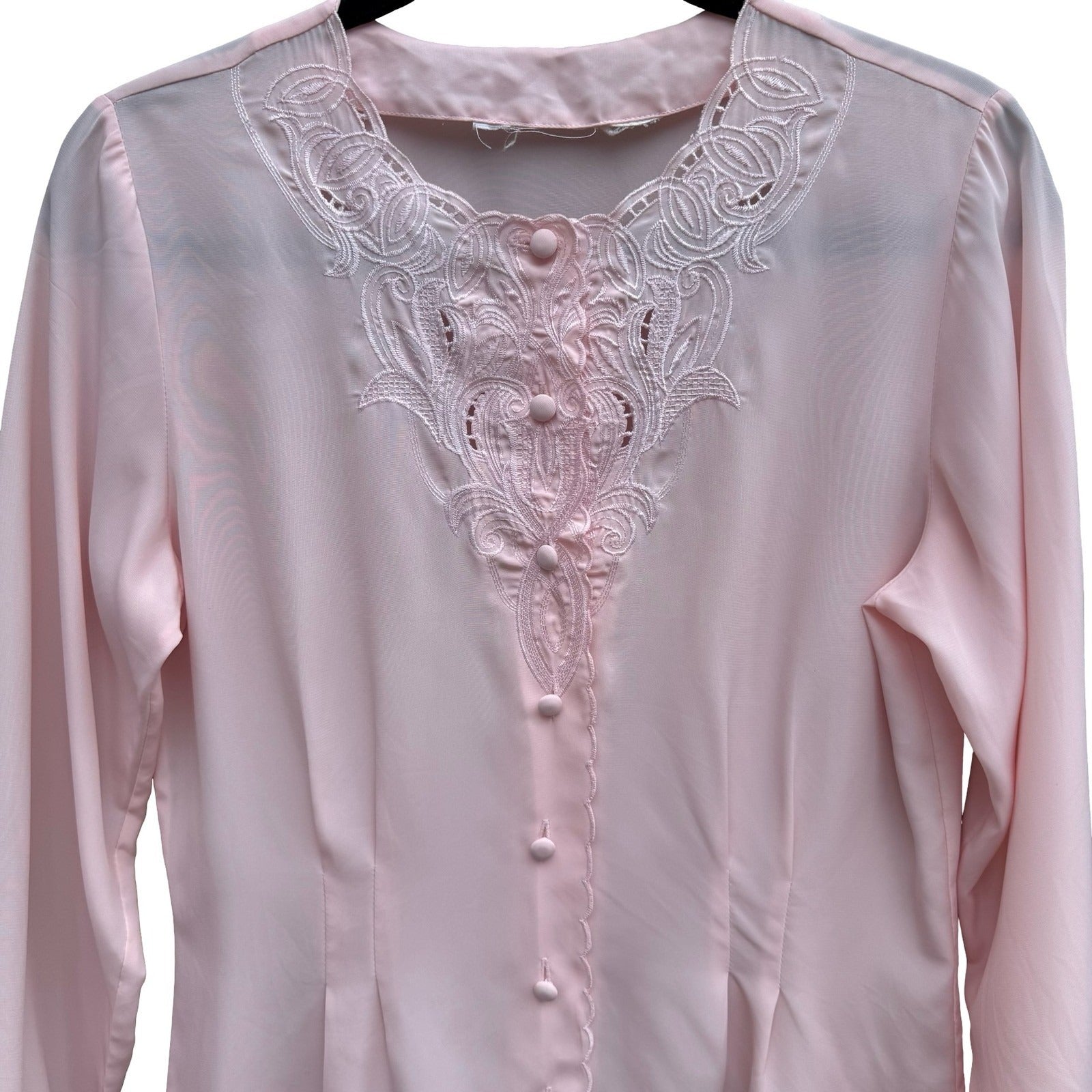 Vintage Pastel Pink Embroidered Lace Blouse Long Sleeve Romantic Pintuck Top