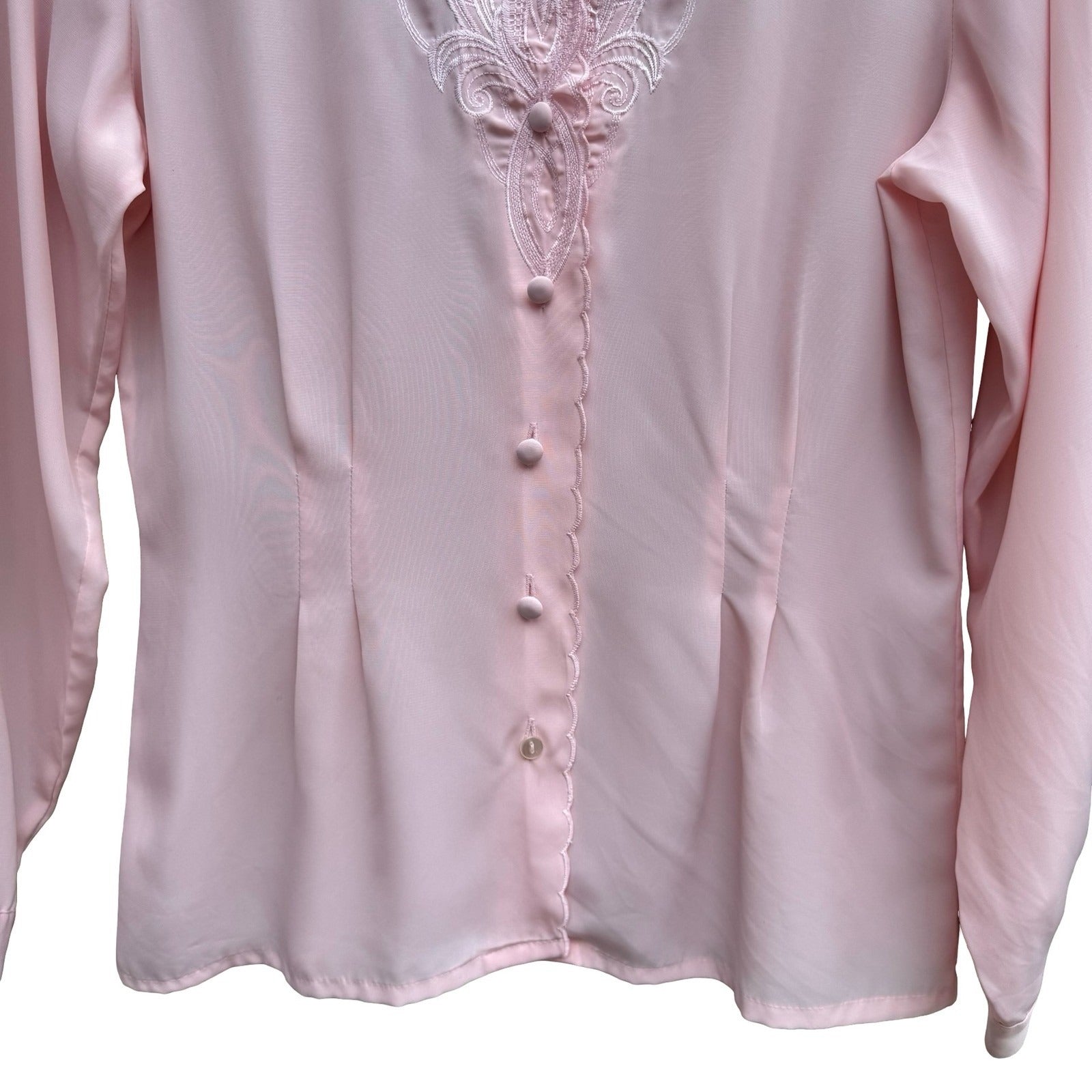 Vintage Pastel Pink Embroidered Lace Blouse Long Sleeve Romantic Pintuck Top