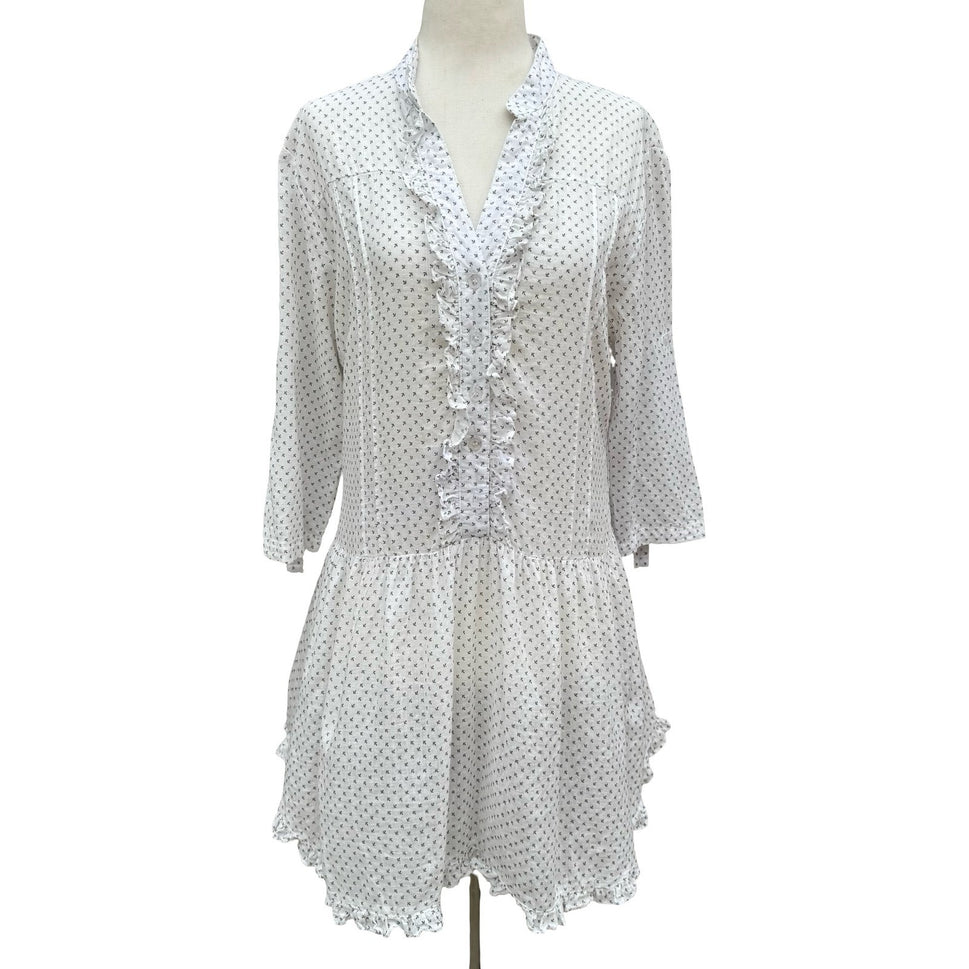 Moon Collection White Ruffle Drop Waist Mini Dress Tunic M Coastal Boho Peasant
